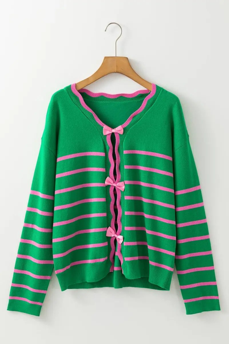 Green Stripe Ribbon Cute Bow Detail Sweater Knit Cardigan - Love Salve